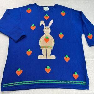 Quacker Factory Vintage Women's Blue Rabbit & carrots Sweater sz 1X 3/4 sleeve